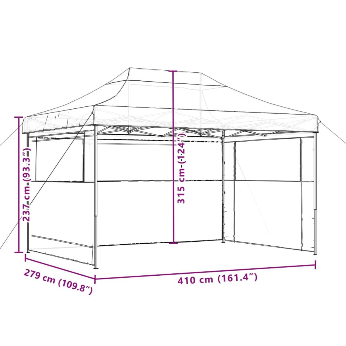 Diagramm eines weißen Pavillons mit Abmessungen in cm. Der Pavillon hat eine quadratische Grundfläche.