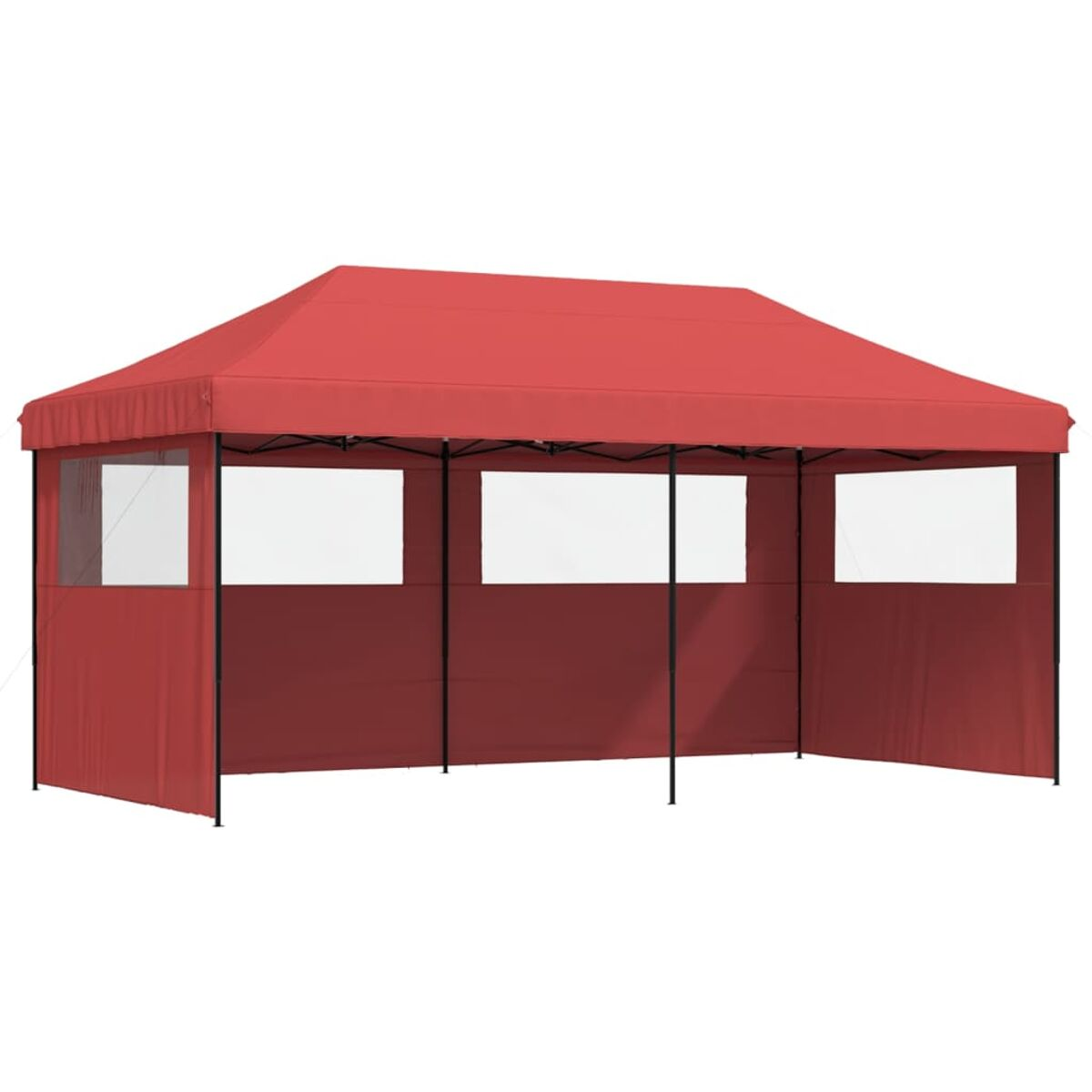 Rotes Baldachinzelt mit Fenstern und schwarzem Rahmen. Weißer Hintergrund.