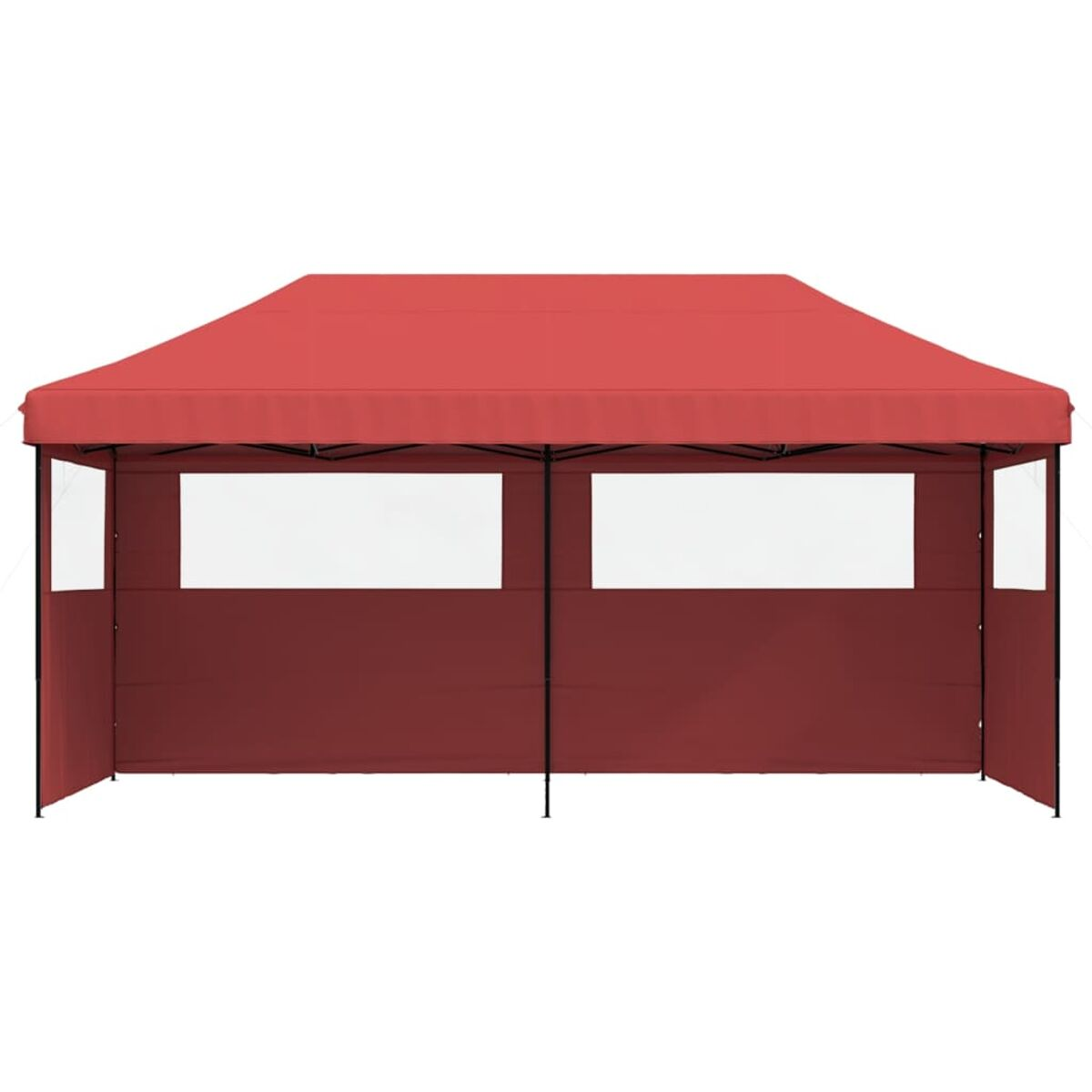 Ein rotes Pop-up-Zelt mit weißen Fensterbahnen vor weißem Hintergrund.