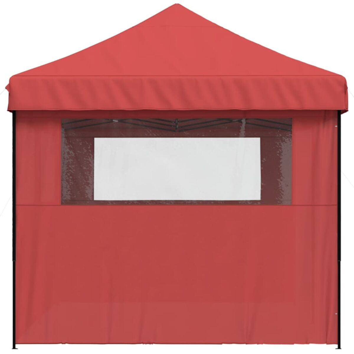 Rotes Zelt mit weißem Fenster, schwarzem Rahmen und roten Wänden.