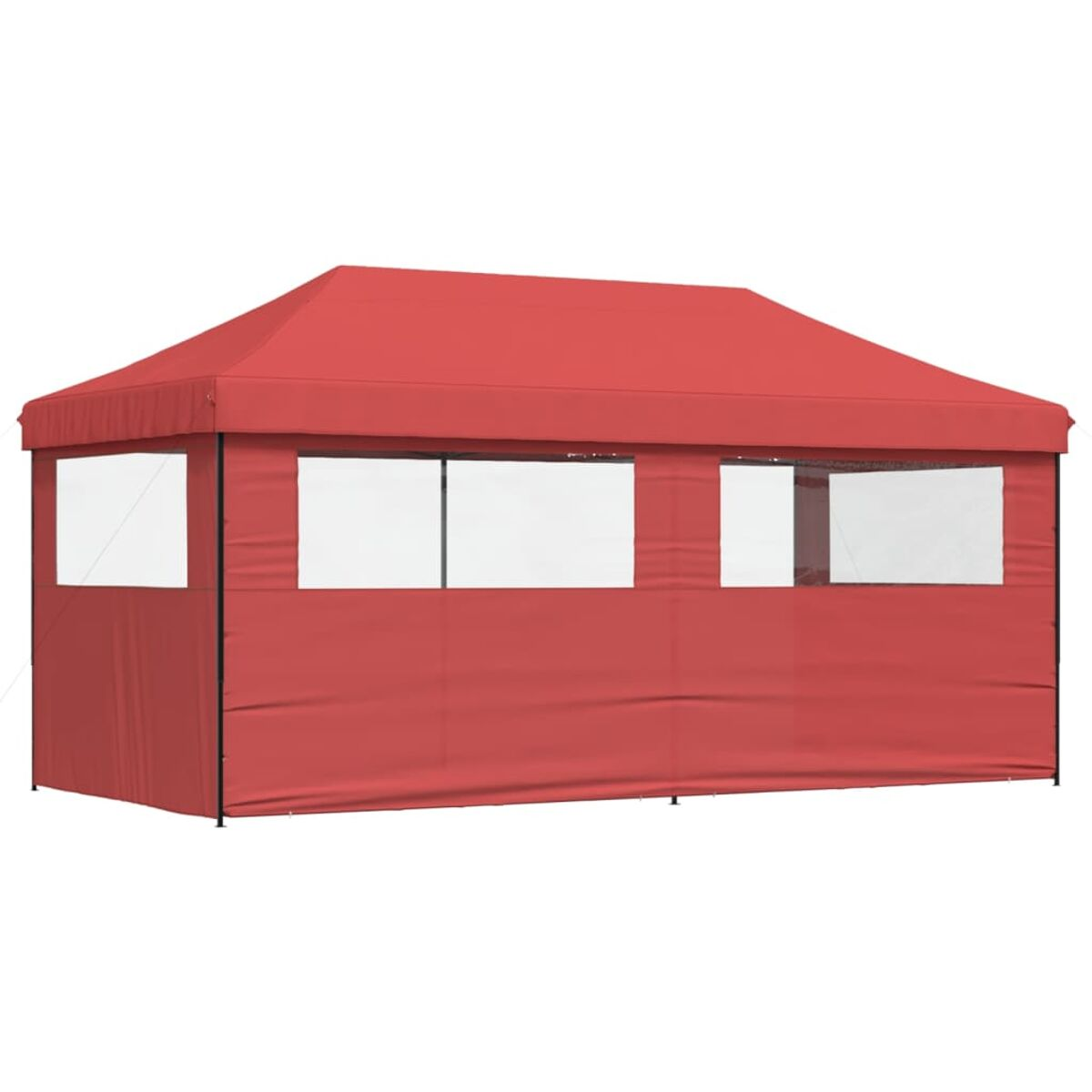 Ein rotes Pop-up-Zelt mit weißen Fenstern. Schwarzer Rahmen.