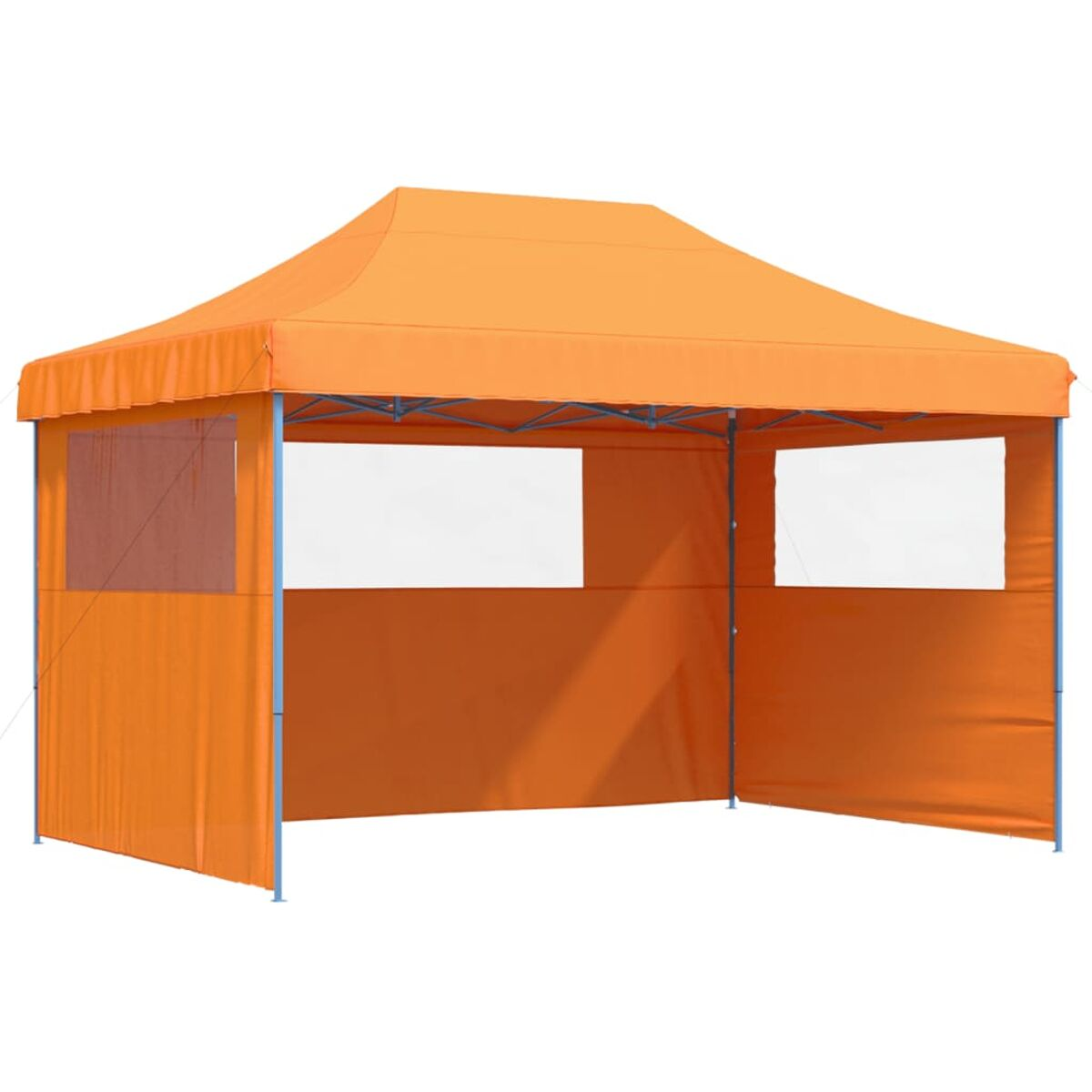 Oranges Pop-up-Zelt mit blauem Rahmen und transparenten Fenster. Freigestellt.