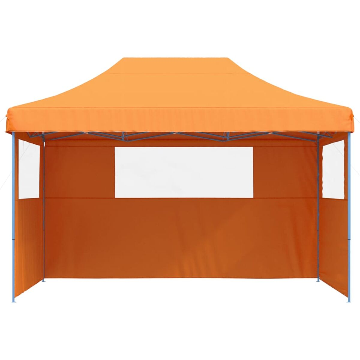 Oranges Pop-Up-Zelt mit rechteckigem Fenster und zwei Seitenfenstern. Weißer Hintergrund.