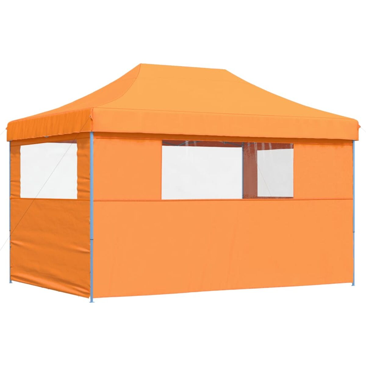Ein orangefarbener Pavillon mit transparenten Paneelen und festem Dach.