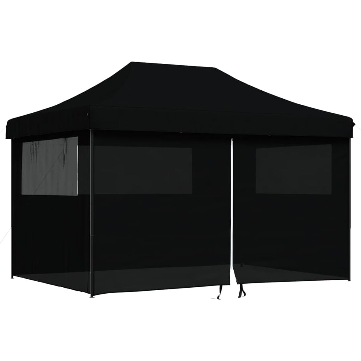 Schwarzer Pop-up-Pavillon mit zwei Fenstern. Weißer Hintergrund.