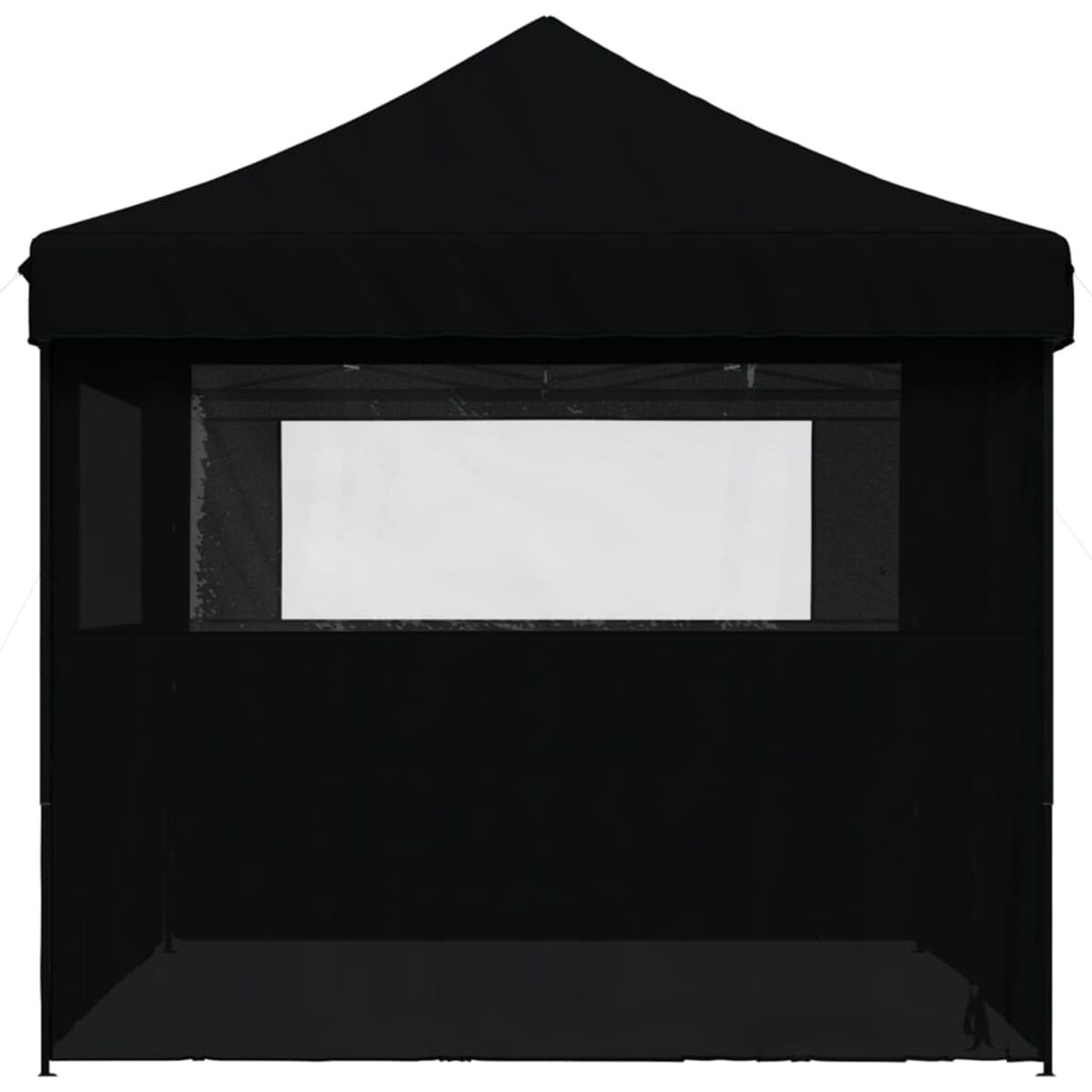 Ein schwarzes Zelt mit einem weißen Fenster. Das Zelt hat ein Spitzdach und eine offene Front.
