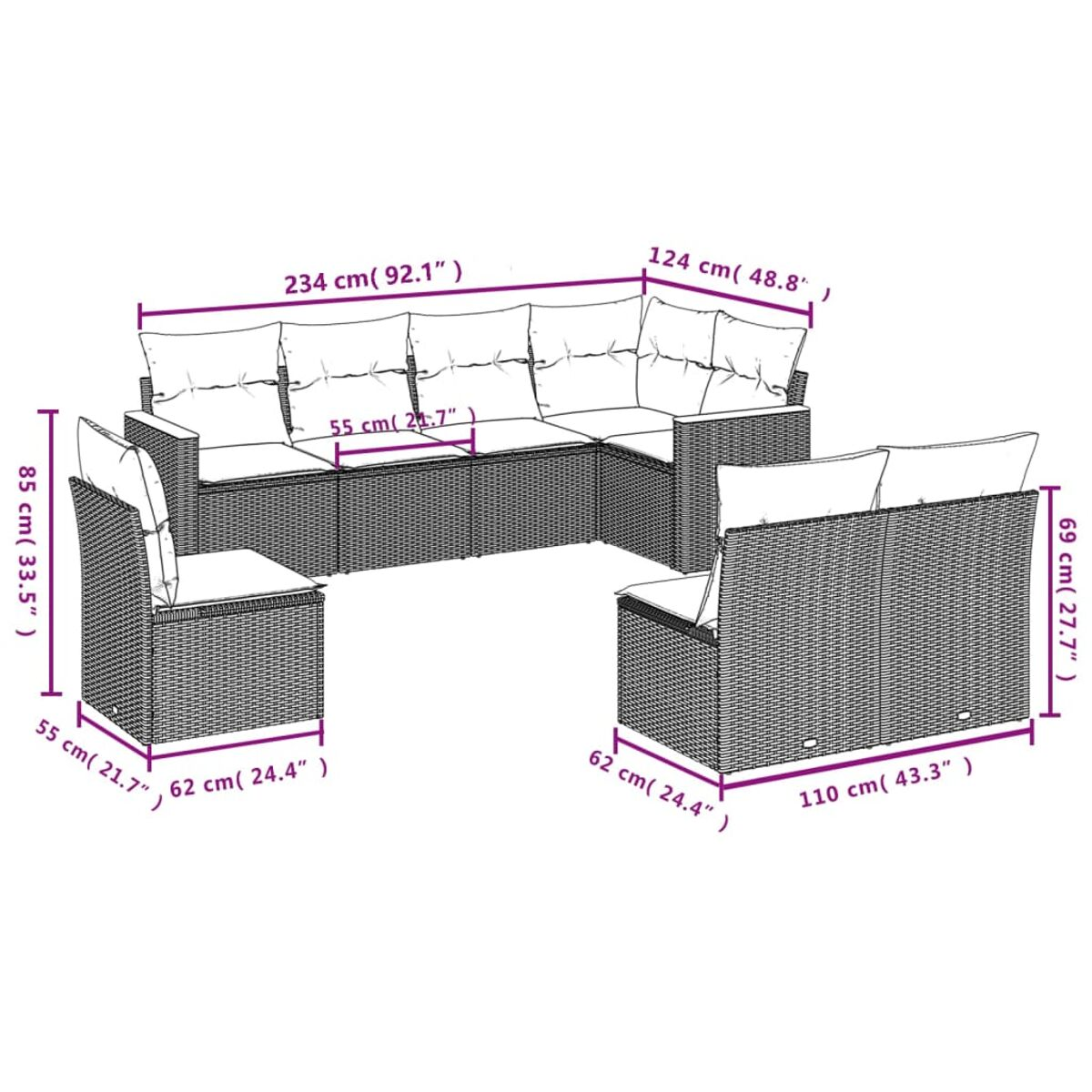 L-förmiges Rattan-Terrassenmöbel-Set mit Maßangaben in cm und Zoll, das Sitzanordnungen zeigt.
