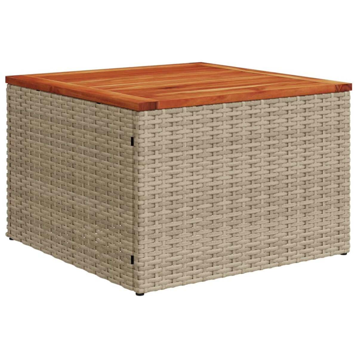 Quadratischer Korbtisch mit Holzplatte. Der Tisch ist beige und die Platte braun.