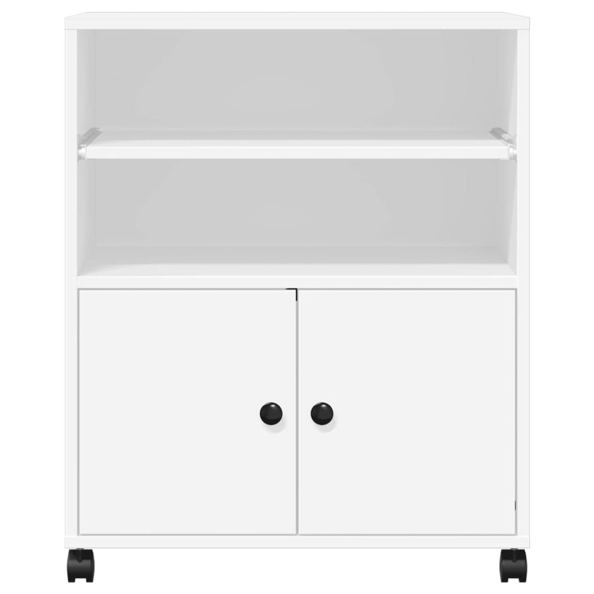 Weißer Schrank mit zwei Türen. Er hat ein Regal und steht auf Rädern.
