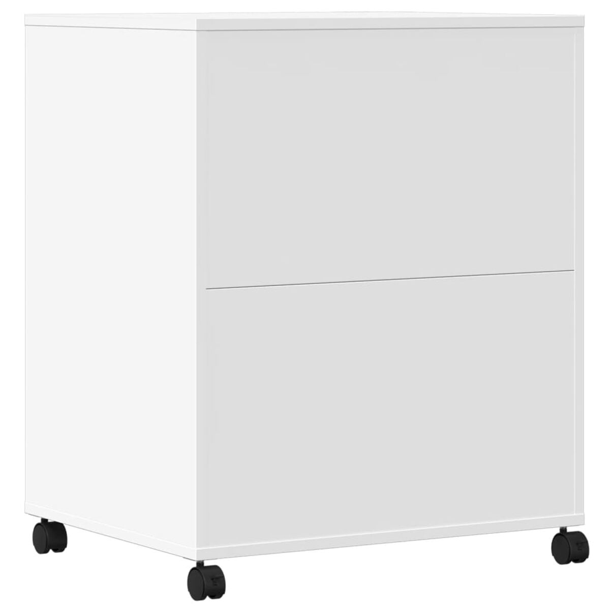 Weißer Aktenschrank mit zwei Schubladen auf schwarzen Rollen. Einfaches Design.