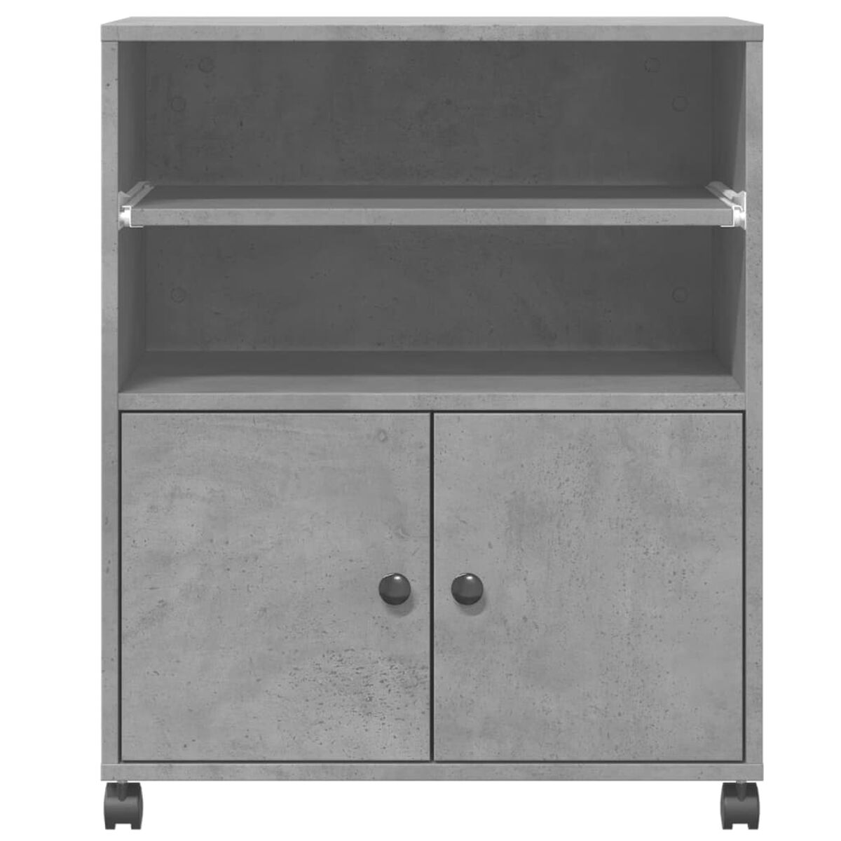 Ein grauer Schrank mit Regalen und Türen auf Rollen.