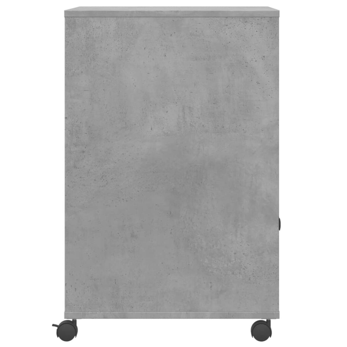 Ein hellgrauer Schrank mit zwei Rädern. Der Schrank hat eine glatte, betonartige Textur.