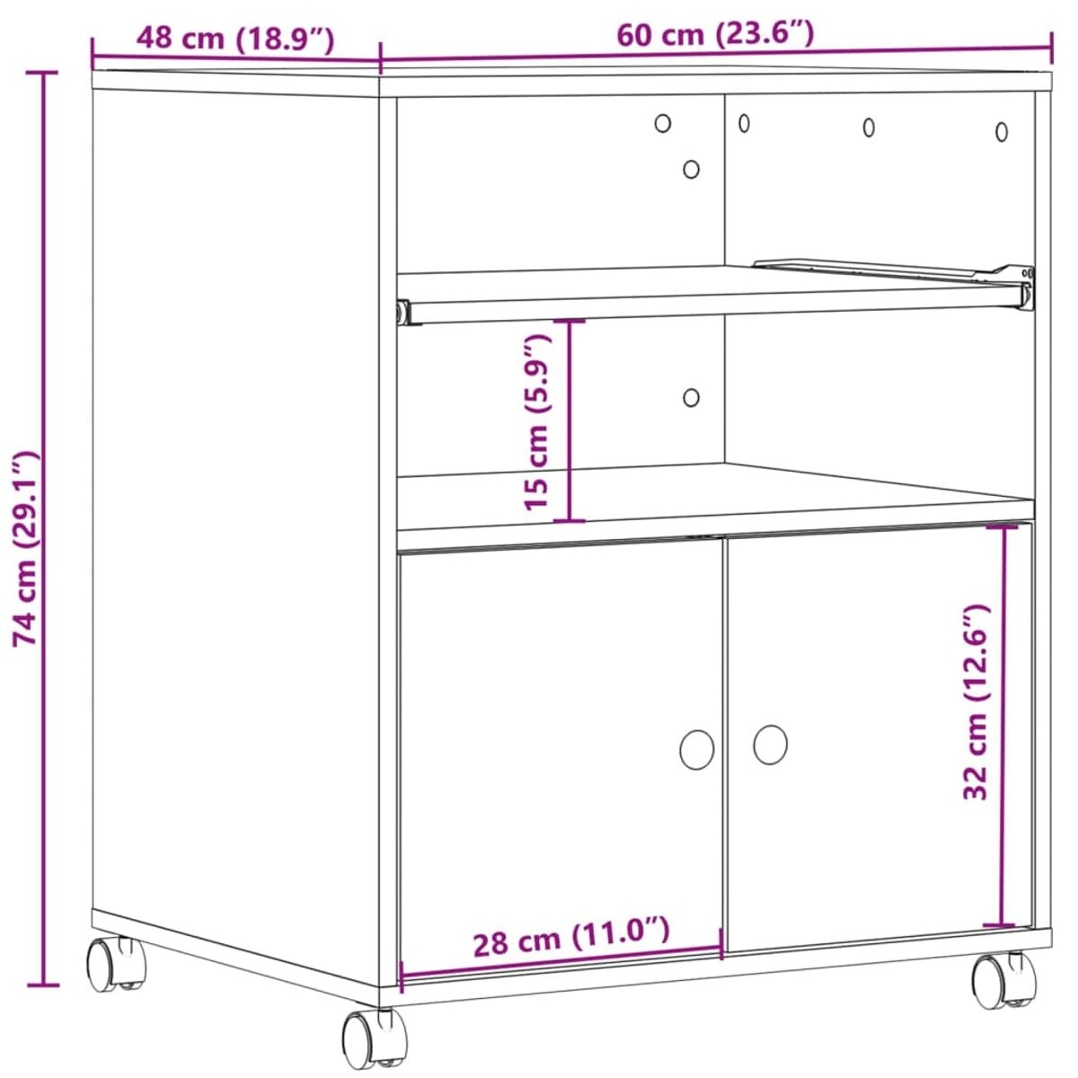 Weißer Schrank auf Rädern mit zwei Türen und einem Regal. Maße sind beschriftet.