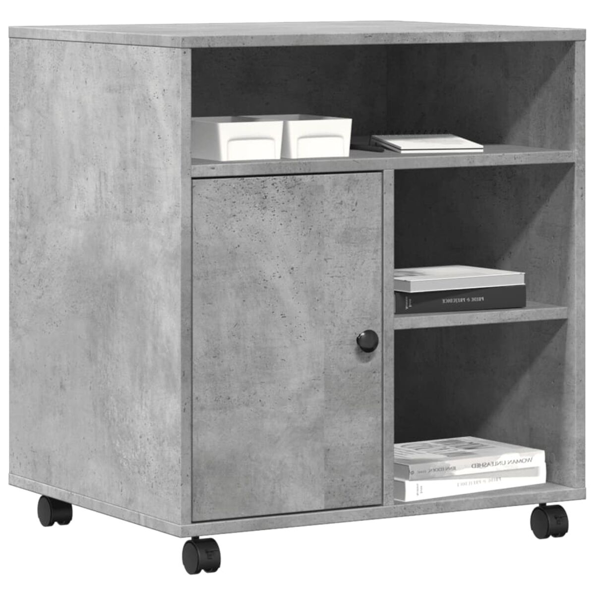 Grauer Schrank mit Tür, Regalen, weißen Boxen und Büchern, auf Rädern. Der Schrank ist im Betonstil.