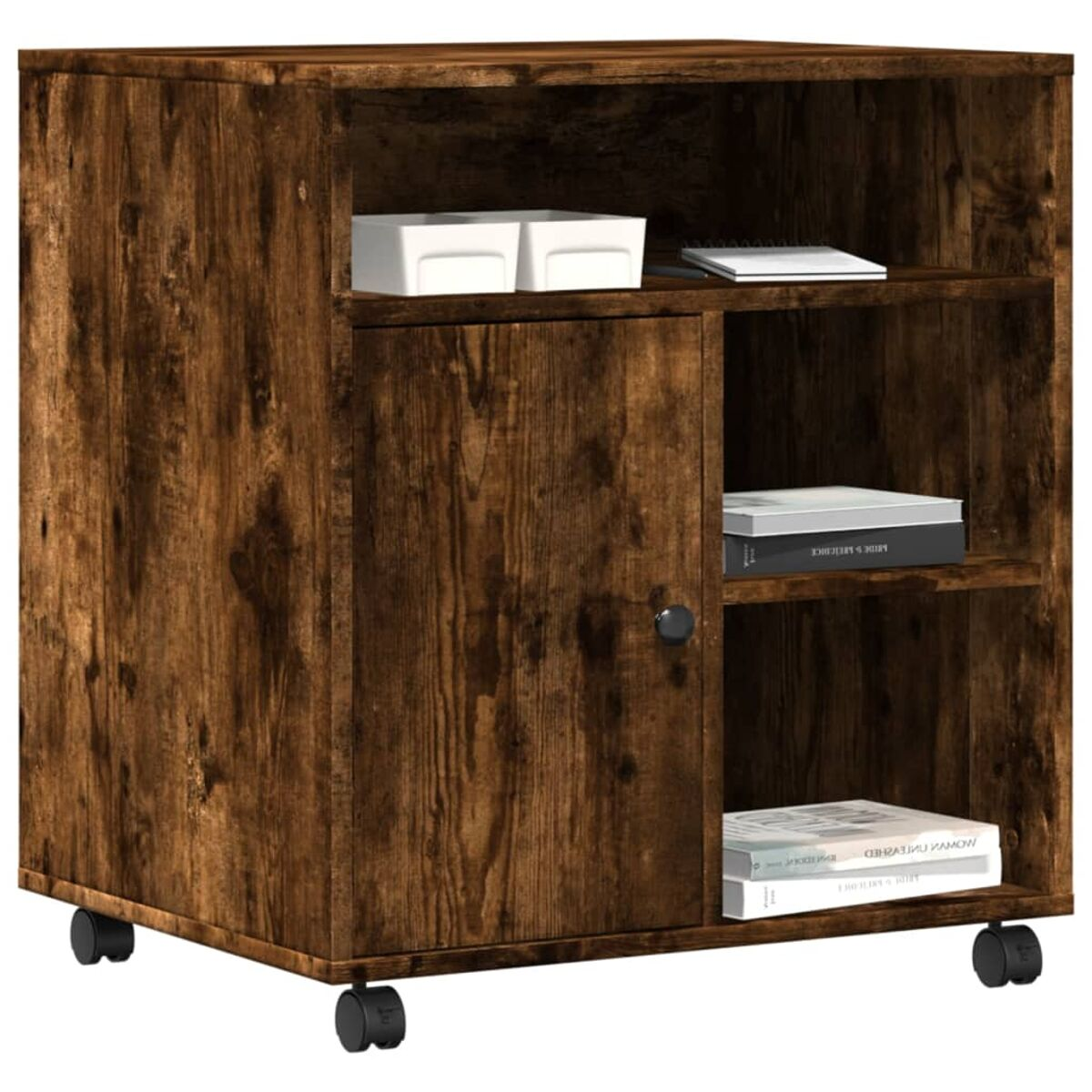 Brauner Rollschrank mit Büchern, Ablagen und einer Tür. Weißer Hintergrund.