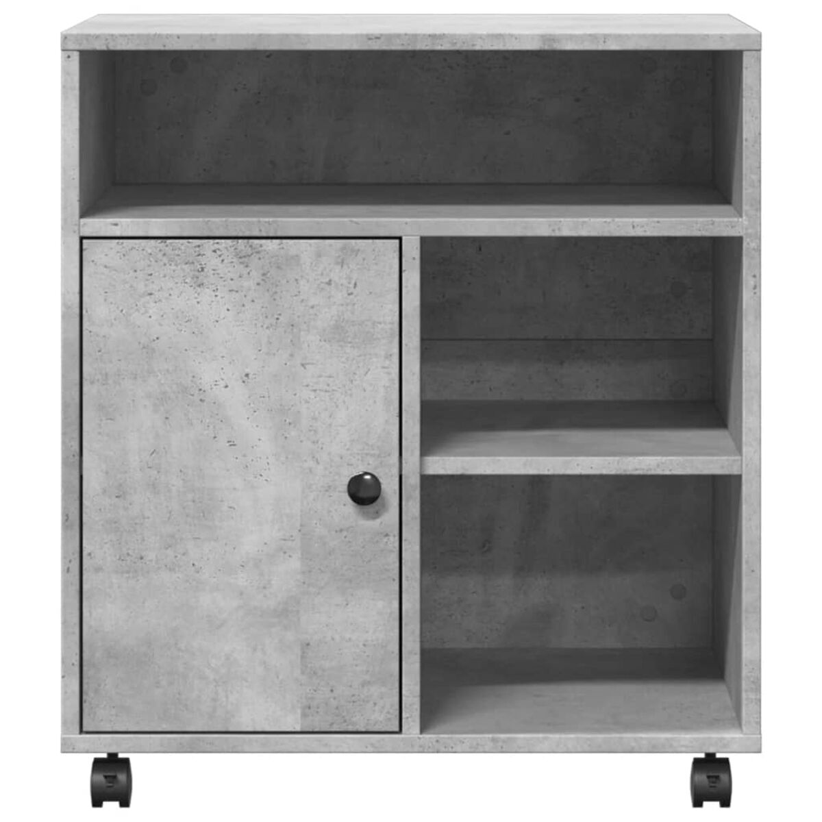 Schrank im Betonstil mit Tür und Regalen. Er steht auf Rädern und hat einen Griff.
