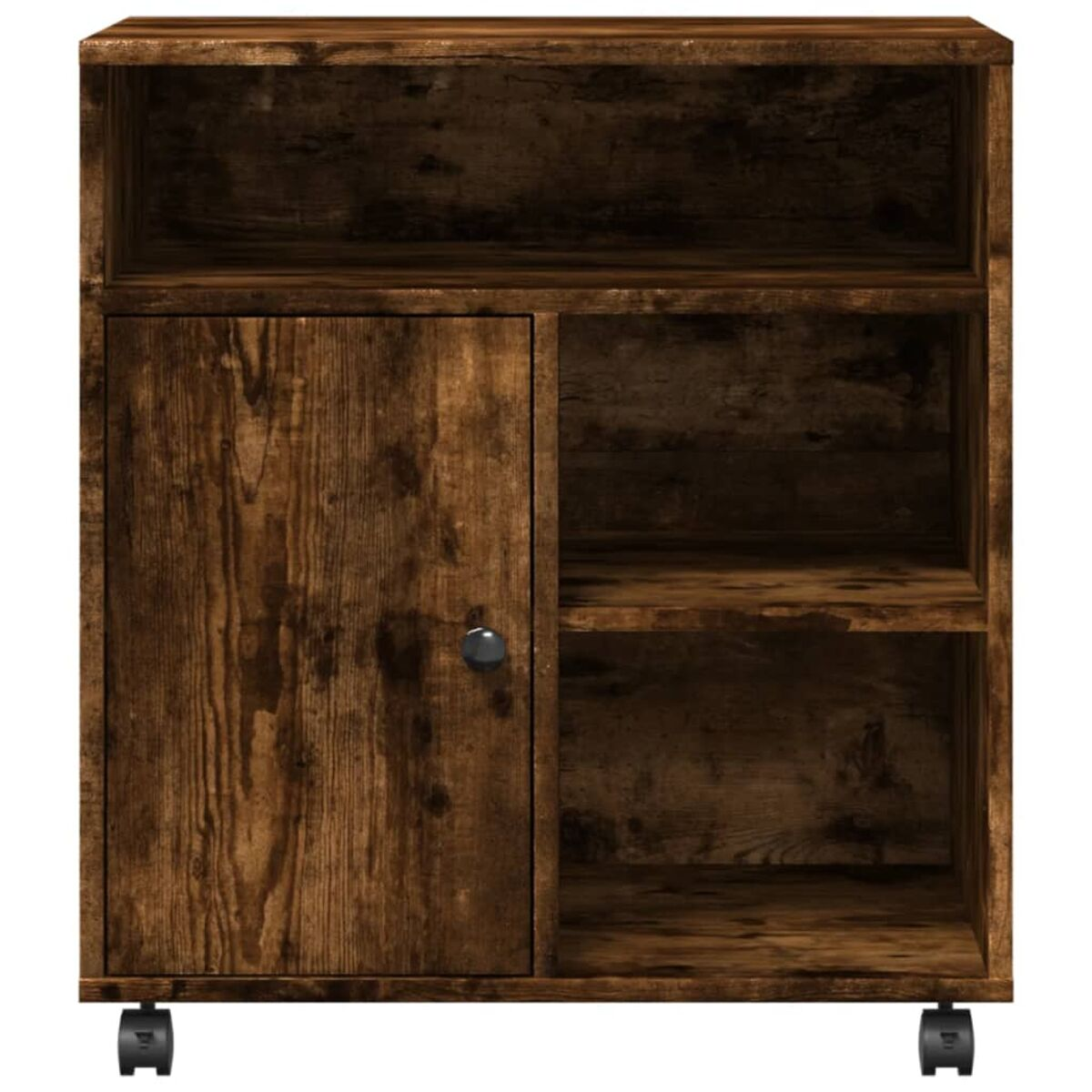 Dunkler Holzschrank mit Tür und zwei Regalen, auf Rollen.