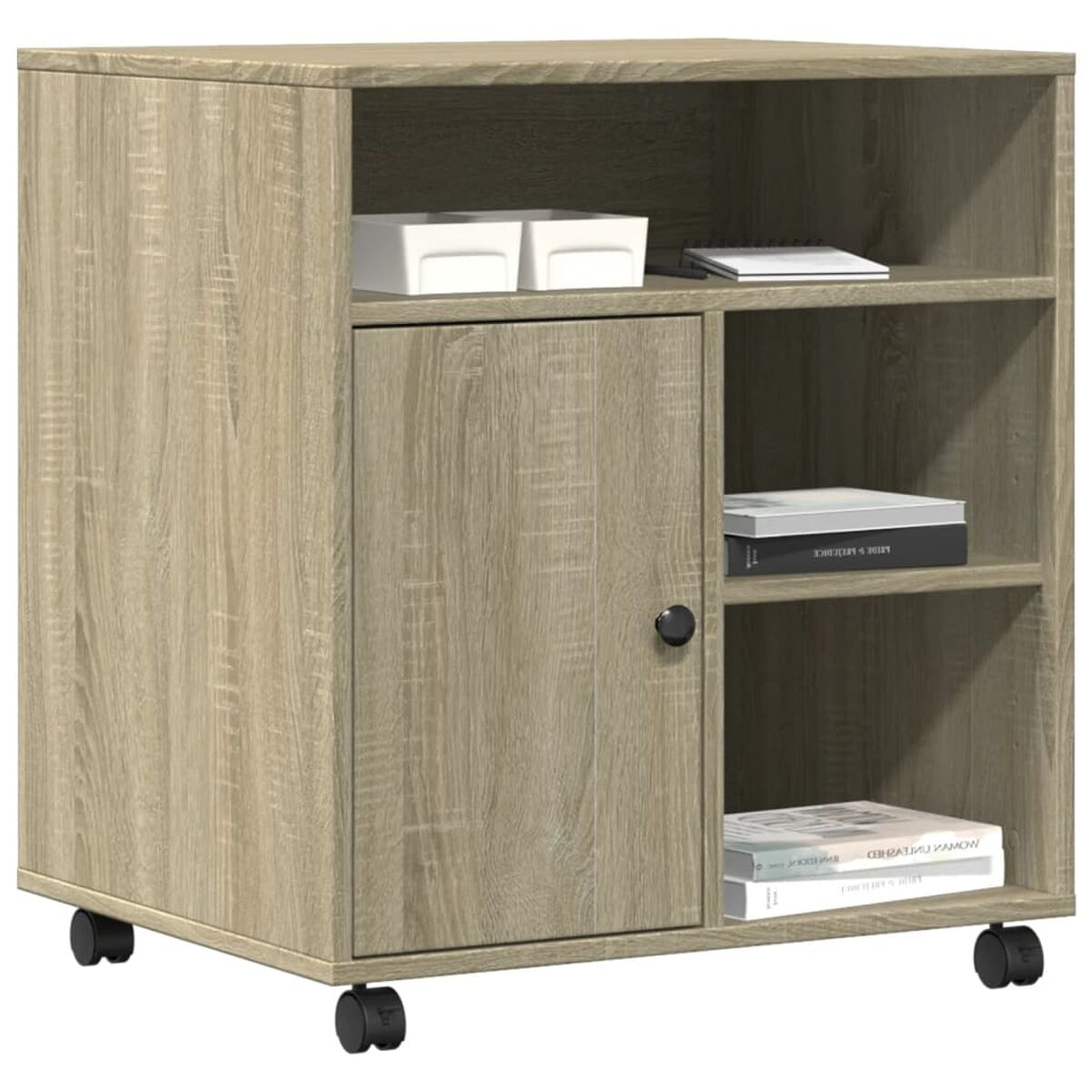 Holzschrank auf Rollen mit Tür, Regalen und verschiedenen Gegenständen darin.