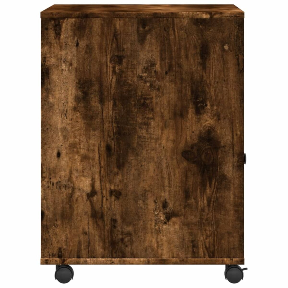 Holzschrank mit Holzmaserung. Er hat einen Griff und schwarze Räder.
