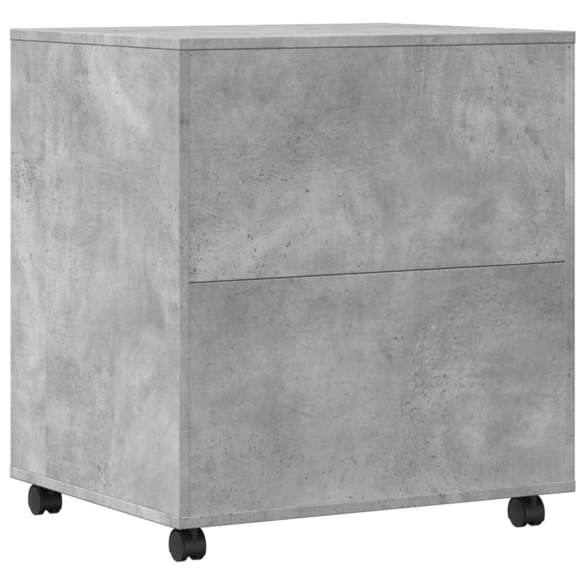 Ein grauer Beton-Schrank mit zwei Schubladen, auf schwarzen Rollen, isoliert auf Weiß.