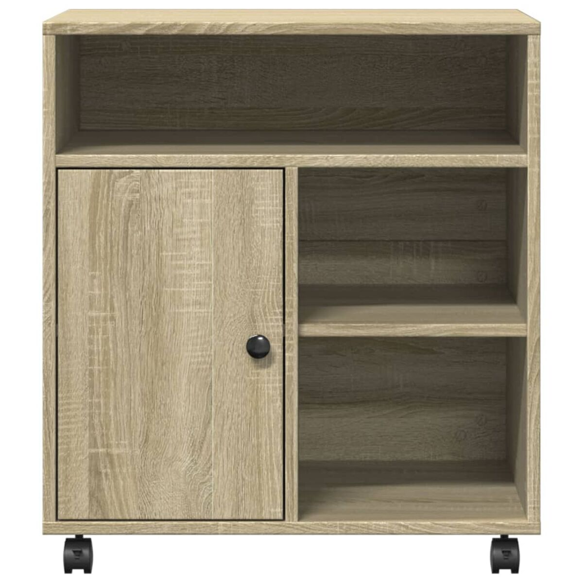 Holzschrank mit Tür, Regalen und Rollen. Helle Holzfarbe.