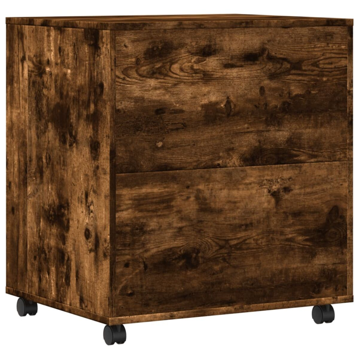 Ein dunkelbrauner Aktenschrank mit zwei Schubladen, auf Rollen, vor weißem Hintergrund.