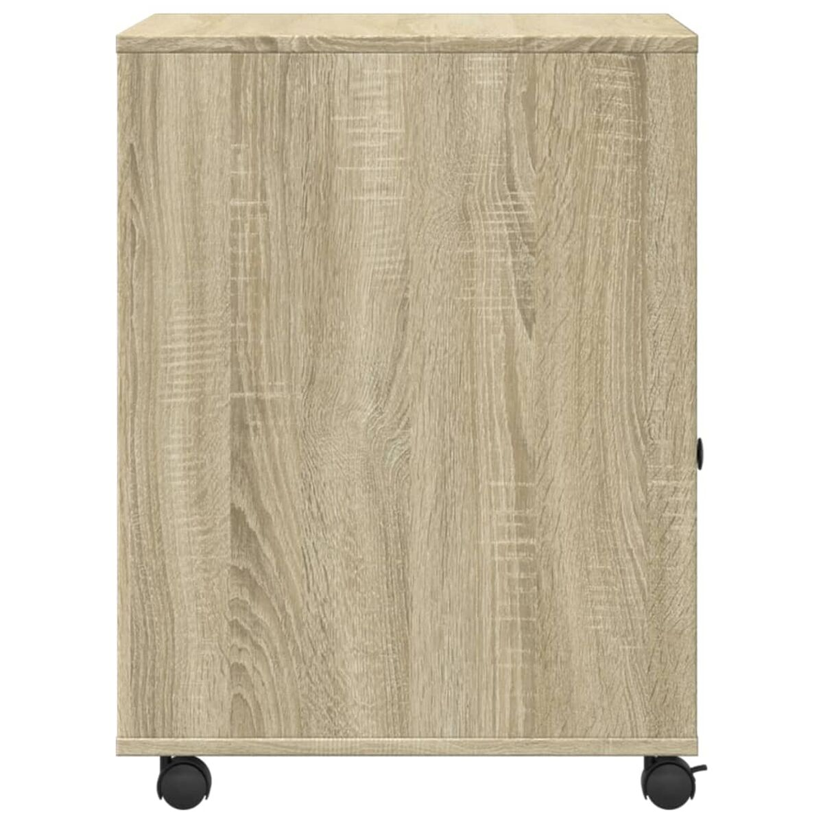 Ein hellfarbiger Holzschrank auf Rollen. Die Ansicht ist eine Seitenperspektive, die Tür und Rollen zeigt.