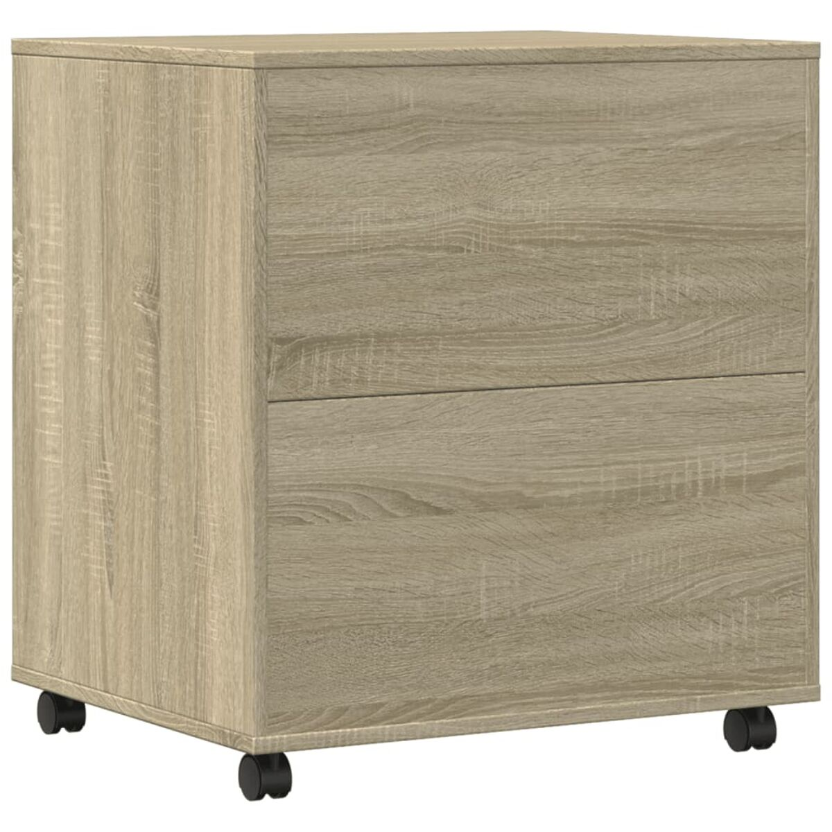 Ein Holzschrank mit zwei Schubladen und schwarzen Rollen am Boden.