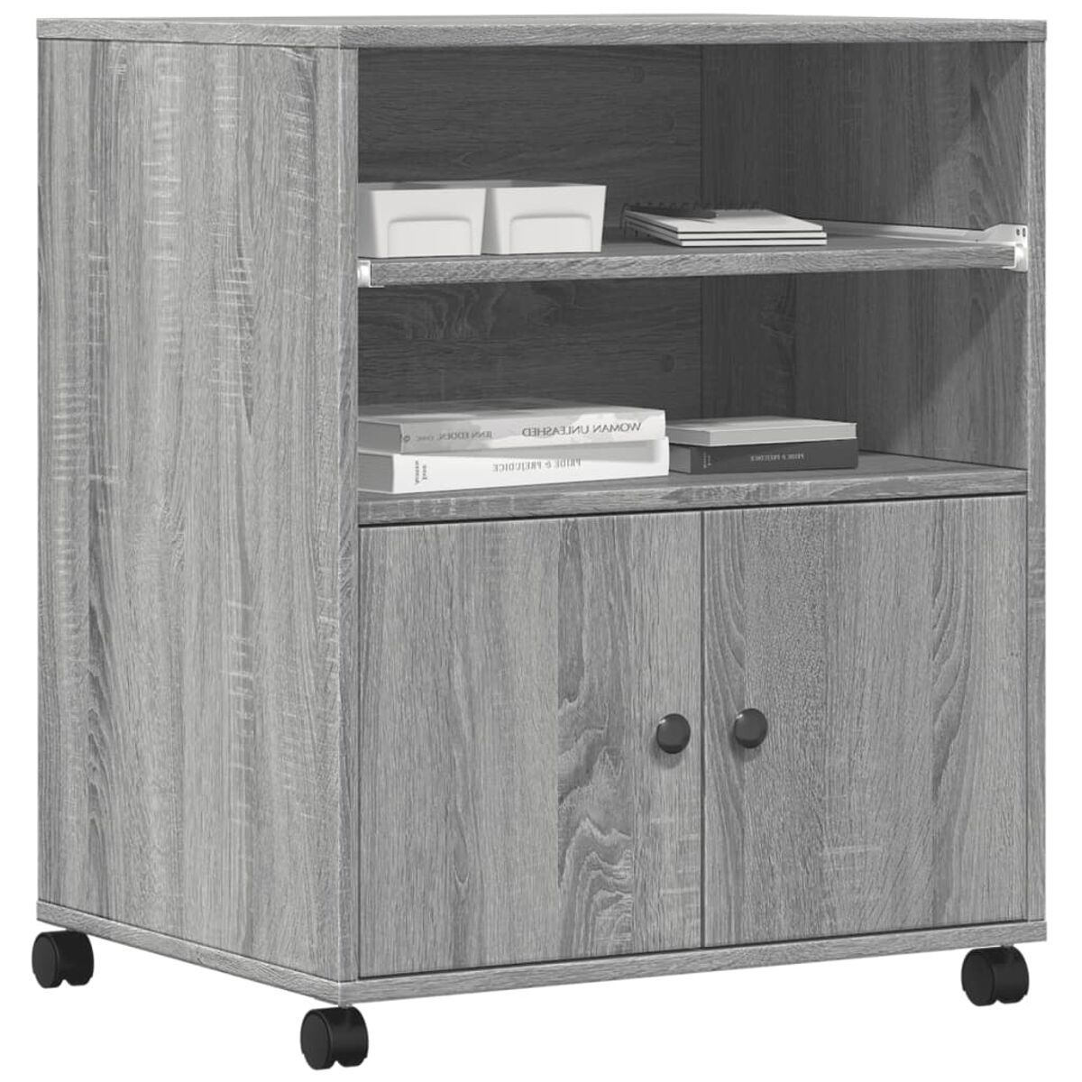 Grauer Schrank mit Regalen und Türen. Weißer Hintergrund.