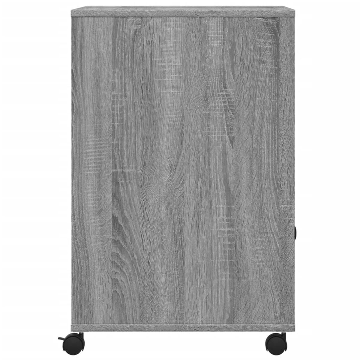 Ein grauer Holzschrank mit Schubladen, auf Rädern. Seitenansicht, mit schwarzem Griff.