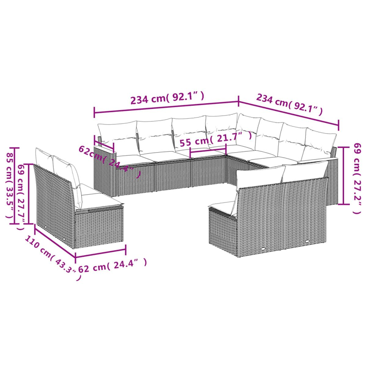 Ein Ecksofa aus Korbgeflecht, das Maße und Abmessungen zeigt, weißer Hintergrund.