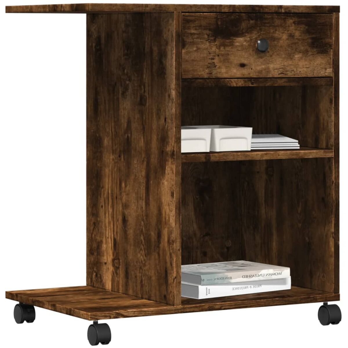 Holz-Beistelltisch mit Schublade und Regal, auf Rädern, mit weißem Hintergrund.