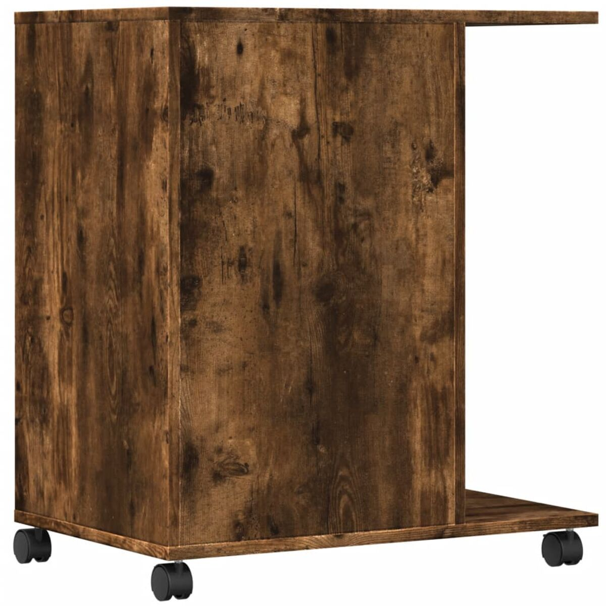 Brauner Holzschrank auf Rädern, mit einem seitlichen Regal. Die Holzmaserung ist sichtbar.