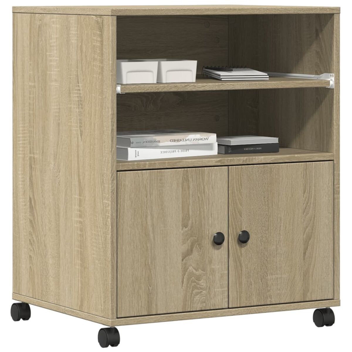 Holzschrank mit Regalen und Türen, auf Rädern.