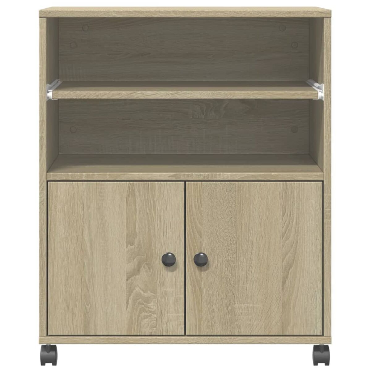 Ein Schrank aus hellem Holz mit Türen und Regalen. Es hat eine zweitürige Unterseite.