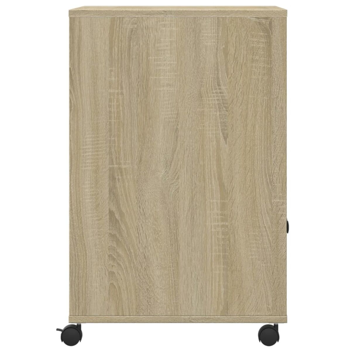 Ein Schrank mit hellem Holzmaserungsdesign, einer Tür und Rädern, von der Seite betrachtet.
