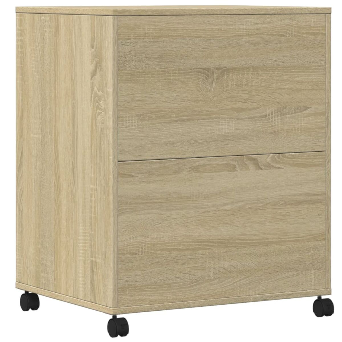 Ein heller Holz-Aktenschrank mit zwei Schubladen. Er hat schwarze Rollen. Der Schrank befindet sich in Innenräumen.