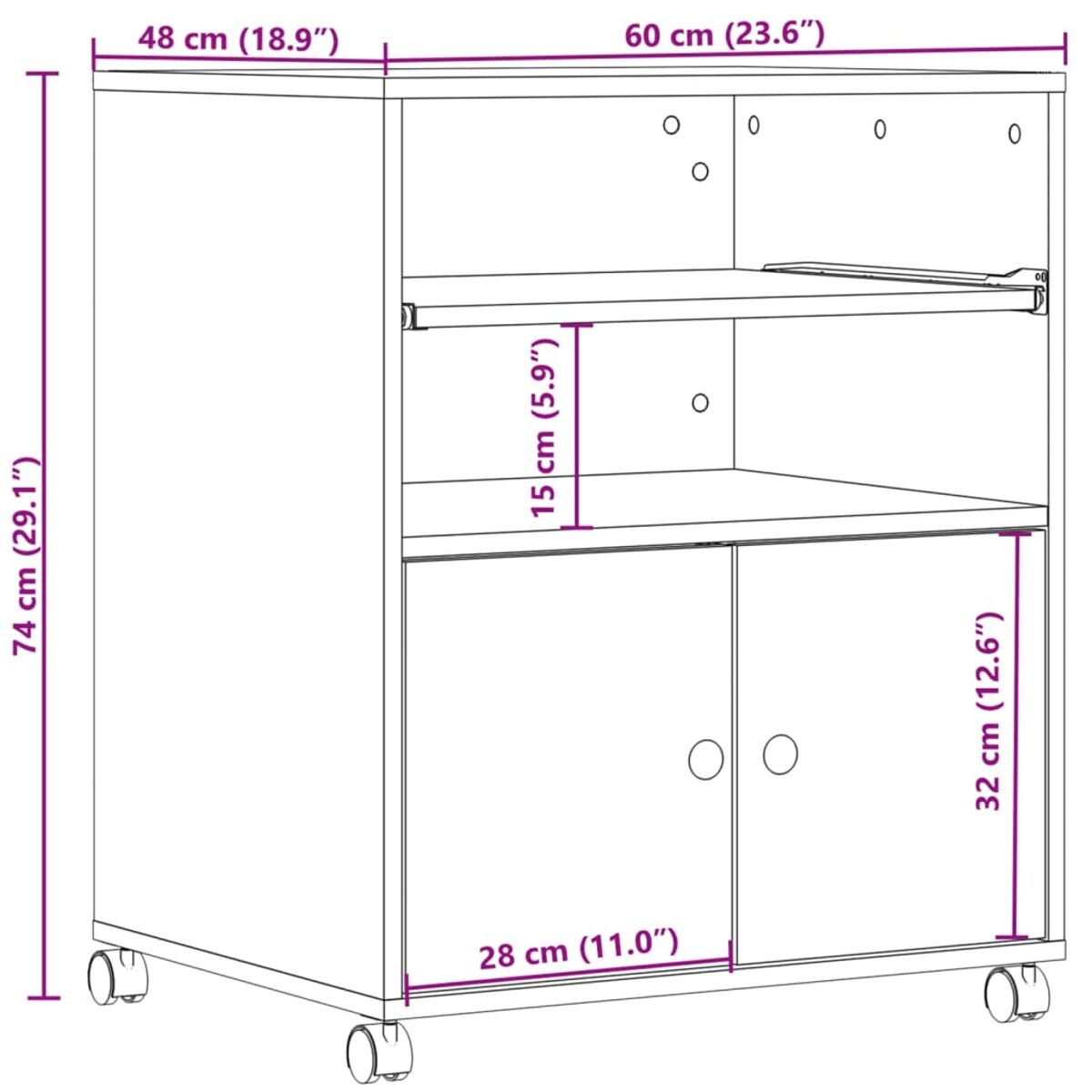 Ein weißer Schrank mit Maßen steht vor weißem Hintergrund. Er hat Türen, Regale und Rollen.