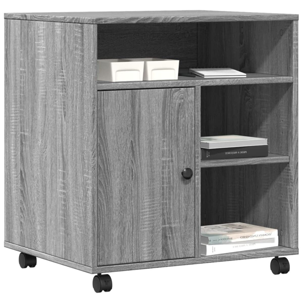 Grauer Holzschrank mit Tür, Regalen und Rollen. Er enthält weiße Behälter und Bücher in einem Raum.