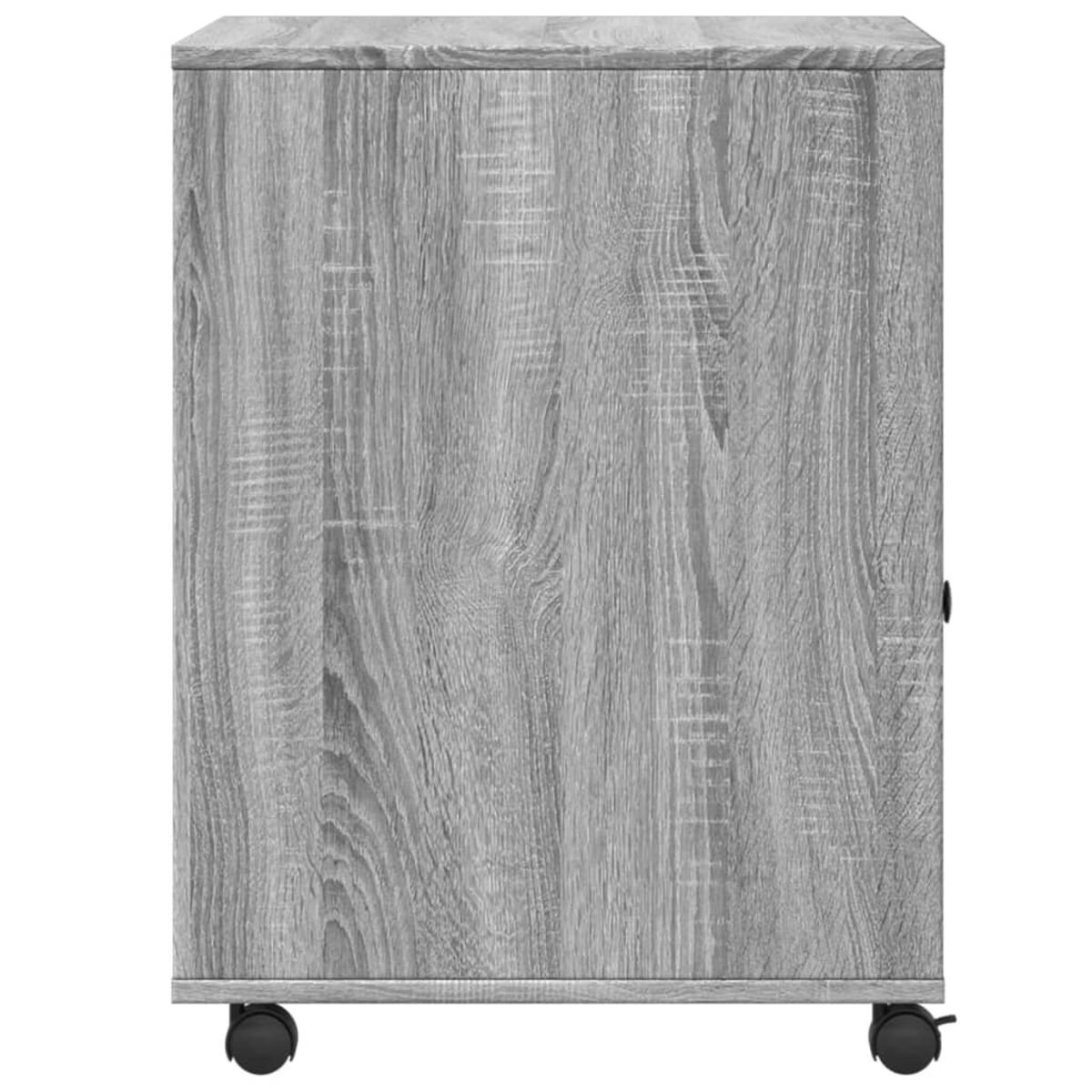 Grauer Holzschrank mit Holzmaserung, schwarze Räder. Seitenansicht.