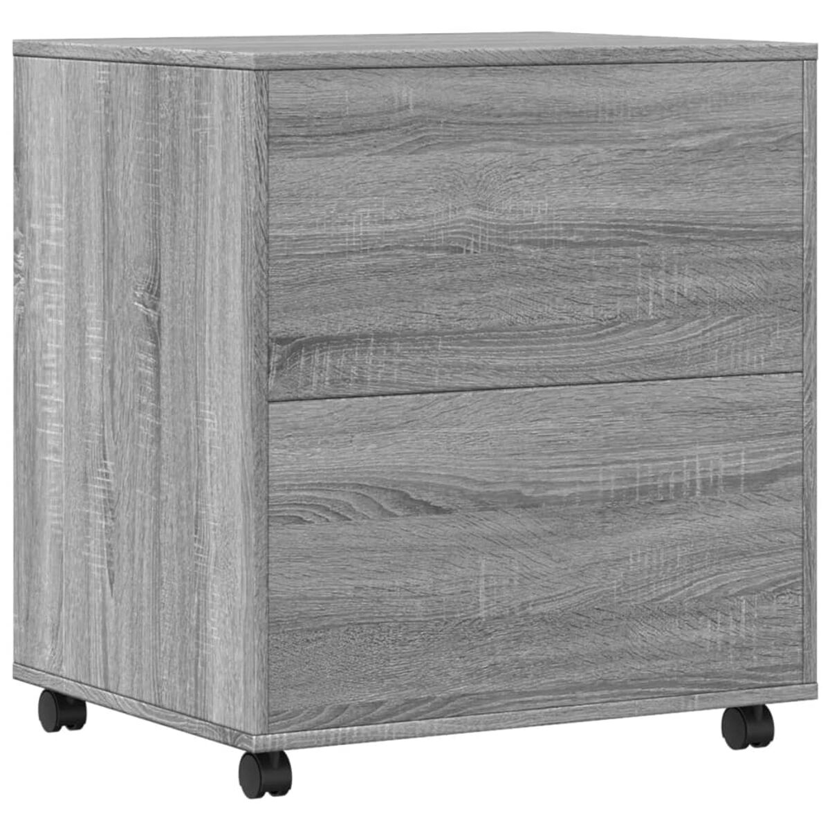 Ein grauer Holzschrank mit zwei Schubladen und vier schwarzen Rädern.