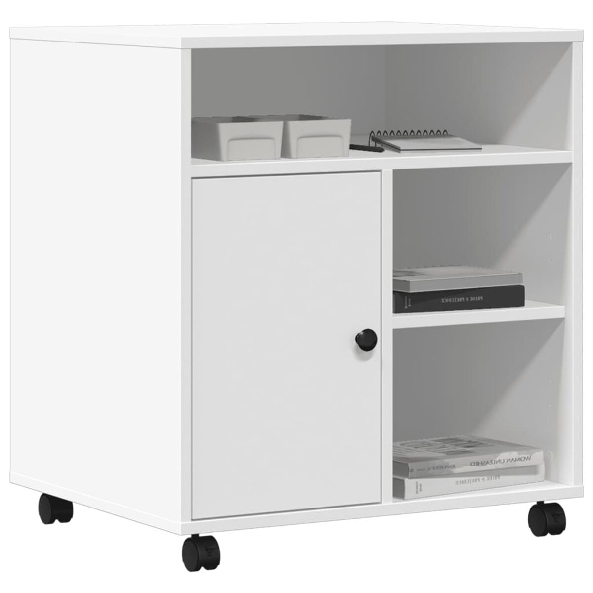Weißer Schrank mit Regalen und einer Tür, auf schwarzen Rädern.