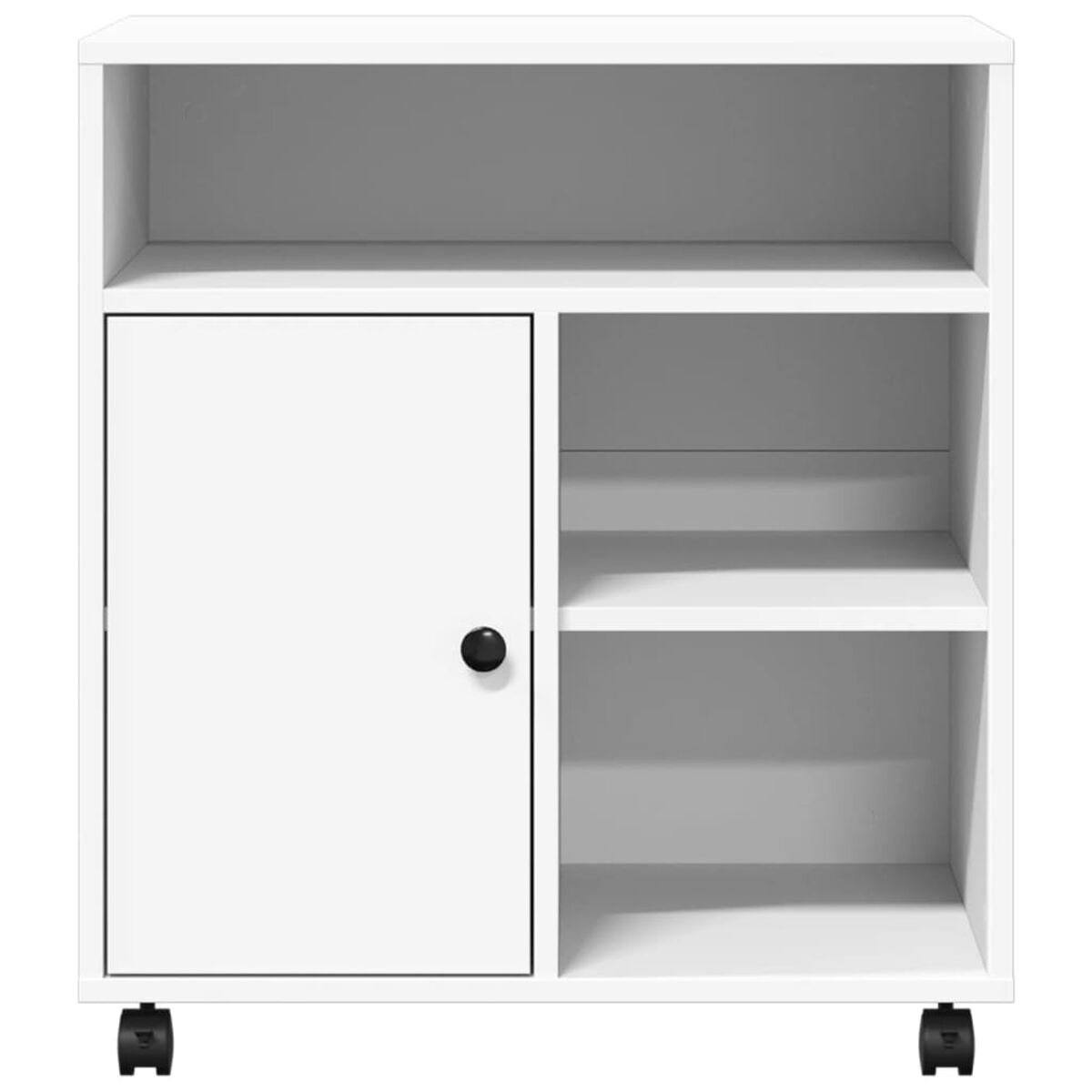 Weißer Schrank mit Tür und Regalen. Schwarze Griffe und Räder. Vorderansicht.