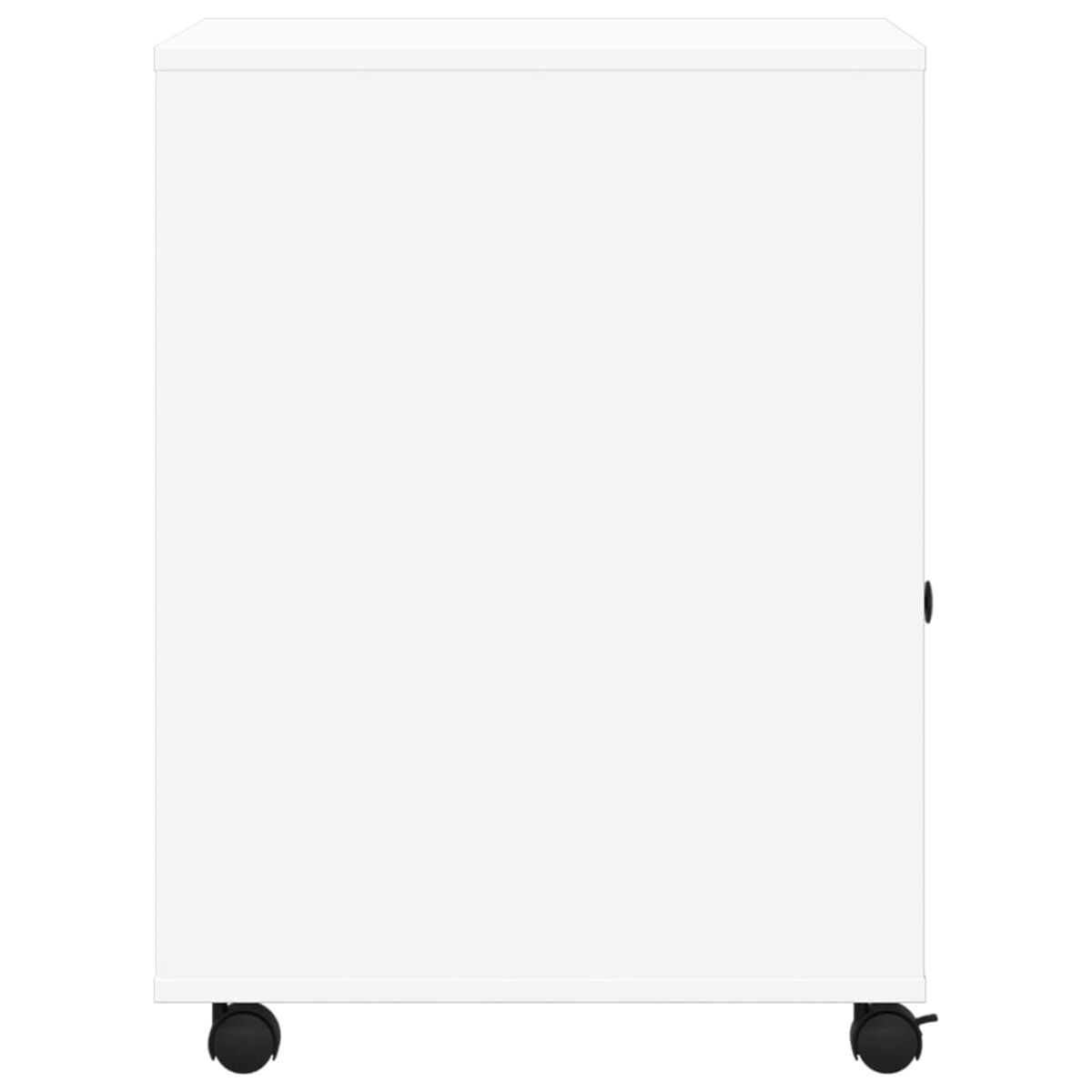 Weißer Schrank mit Rädern. Einfaches Design. Tür auf der rechten Seite.