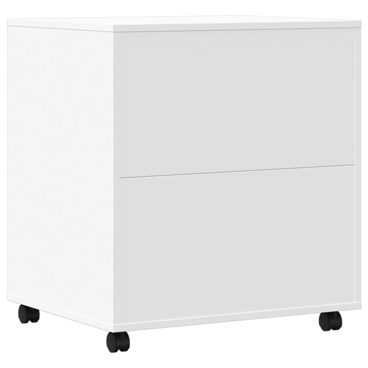 Weißer Schrank mit zwei Schubladen auf Rollen.