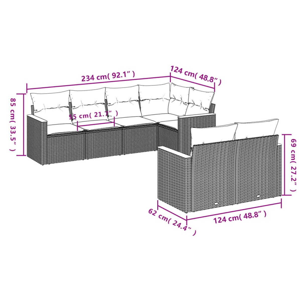 Diagramm eines Outdoor-Ecksofas mit Abmessungen in cm und Zoll, platziert auf weißem Hintergrund.