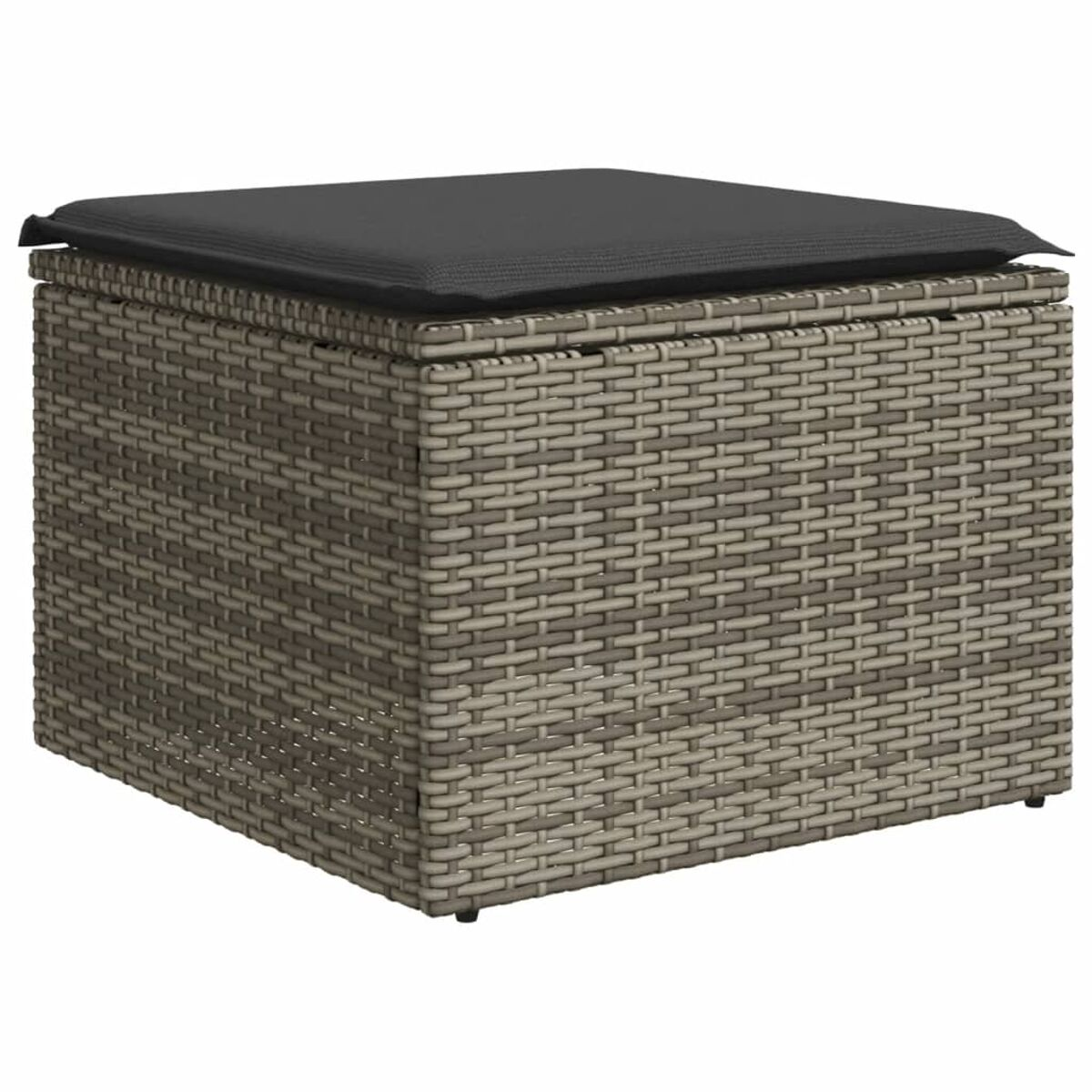 Quadratischer, gewebter Hocker mit schwarzer Polsterauflage. Beige und grau.