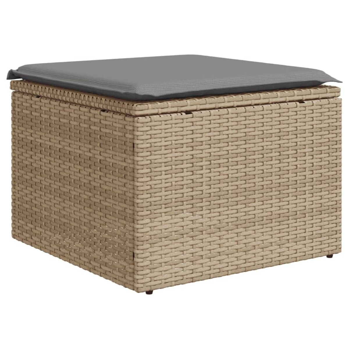 Beige Rattan-Aufbewahrungsbox mit grauem Kissen oben. Weißer Hintergrund.