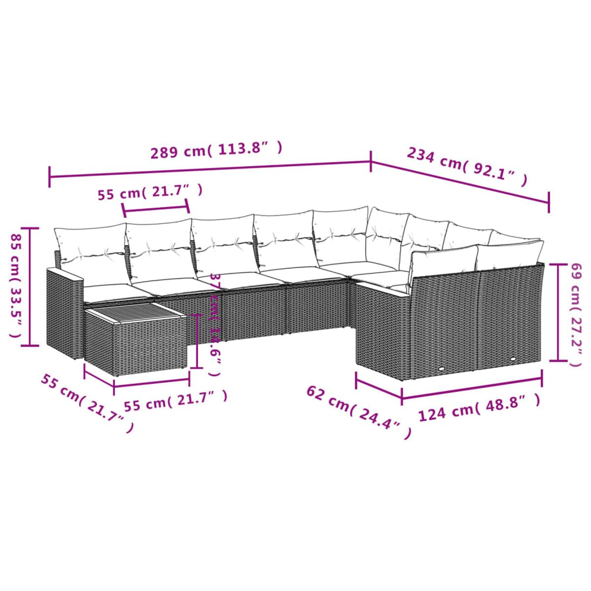 Ein Rattansofa-Set mit Kissen und einem kleinen Tisch. Die Abmessungen sind auf dem Bild angegeben.