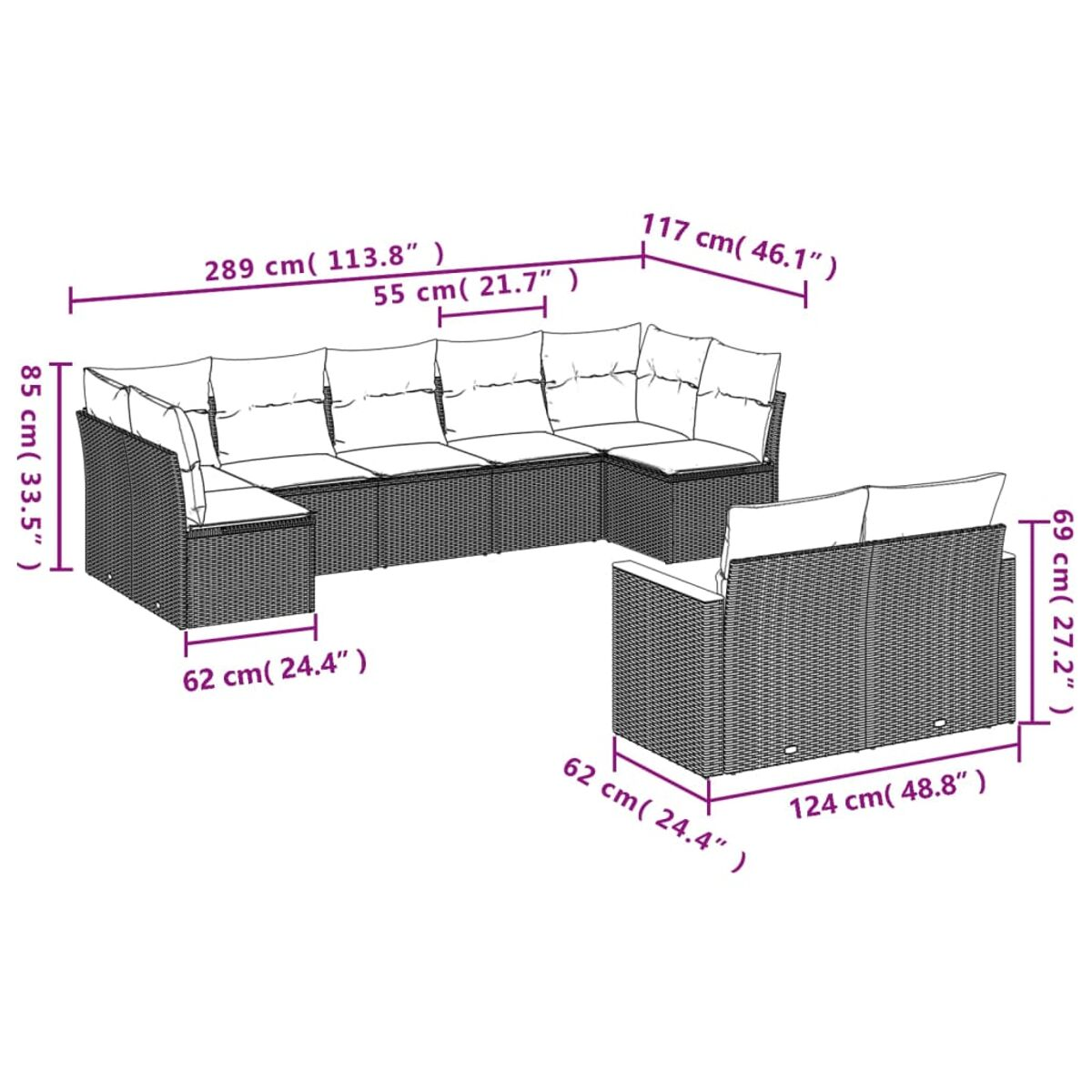 Ein L-förmiges Outdoor-Wicker-Sofa mit weißen Kissen, mit Abmessungen. Der Hintergrund ist weiß.